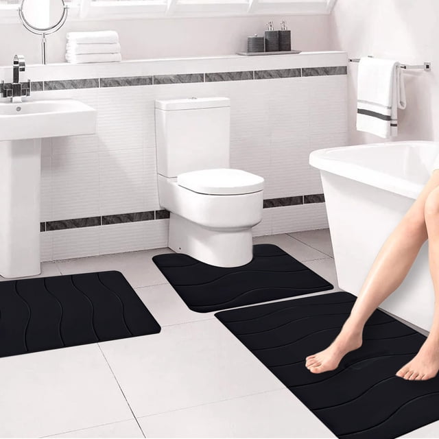 Fridja 3pcs Bathroom Rugs Bath Mat Toilet Mats Soft Comfortable Non-Slip Bathroom Rug Set Bath Mats for Bathroom Machine Washable Bath Mat Bathroom Rug Sets, Black