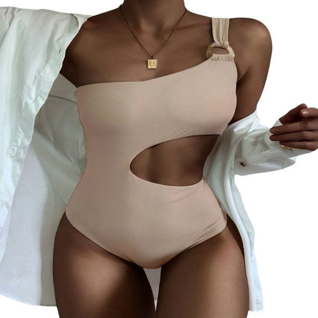 Women‘s Slim Monokini Solid Color One Shoulder Hollow One Piece Swimsuit Beach Bathing Suit
