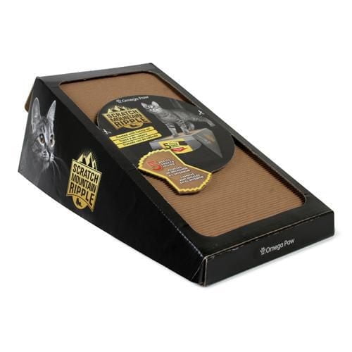 Ripple Board Scratch Mountain angled cardboard cat scratcher with brown corrugated surface in black packaging by 3 Ingredient Bones, includes 5 refill sheets and treated with organic catnip oil, suitable cat furniture for claw maintenance.