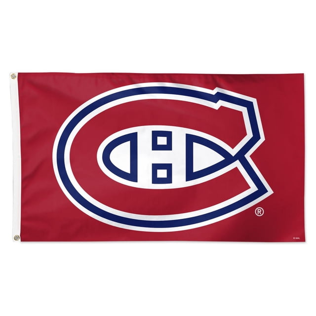 Montreal Canadiens 3X5 Team Flags featuring a 3-foot by 5-foot red flag with the Montreal Canadiens NHL logo in white and blue centered, designed for fan caves or flag poles to show team pride.
