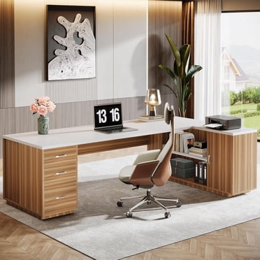 Tribesigns L-Shaped Executive Office Desk with File Drawers, Storage Cabinet, and Adjustable Shelves, 85.8-Inch Corner Business Workstation, White and Walnut