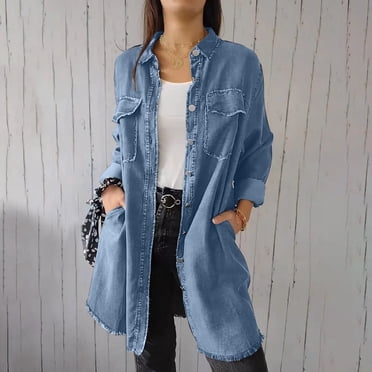 Amzcrzy Denim Veste en pour Femme Couleur Unie Denim Lavé Procédé de Lavage Chemise Longue Décontractée Veste en Jean Veste en Jean Vestes pour Femmes Hauts à Manches Longues pour Femmes Veste pour Femme Vêtements pour Femmes Hauts pour Femmes