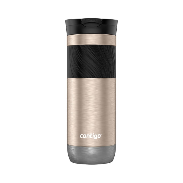 Contigo Byron 2.0 Tasse de Voyage en Acier Inoxydable avec Couvercle et Prise SNAPSEAL, Capacité de 20 oz (591 ml) de Couleur Brun Sucre, avec Corps en Métal Brossé, Prise Texturée Noire, Couvercle à Fermeture à Pression Étanche et Isolation Thermique Gardant les Boissons Chaudes jusqu'à 7 Heures Ou Froides jusqu'à 18.