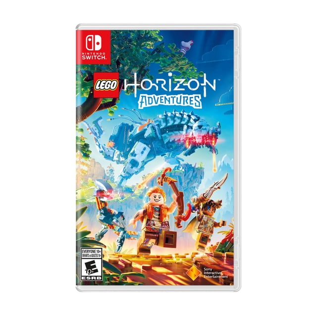 Lego Horizon Adventures Nintendo Switch game cover Mettant en Vedette des Personnages Lego Aloy et des Compagnons Armés d'Armes, Affrontant un Grand Dinosaure Robotique dans un Environnement Détaillé de Forêt et de Montagne Lego, avec des logos de Divertissement Interactifs Nintendo Switch et Sony.