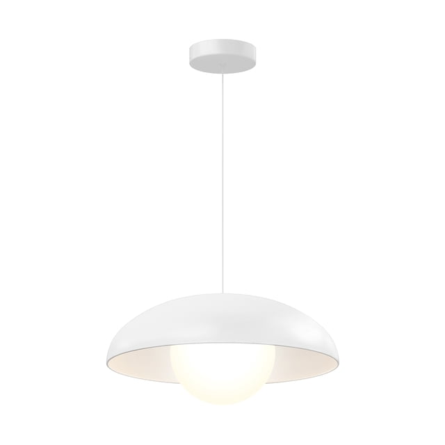 Artika Boden White LED Pendant Light 3CCT featuring a sleek dome shape with a matte white finish and a spherical diffuser. This retro-modern pendant light offers adjustable colour-temperature technology with three shades of white and a powerful 2,500-lumen output. Ideal for dining rooms, entryways, or stairwells, it is compatible with most LED dimmers and has a lifespan of 50,000 hours.