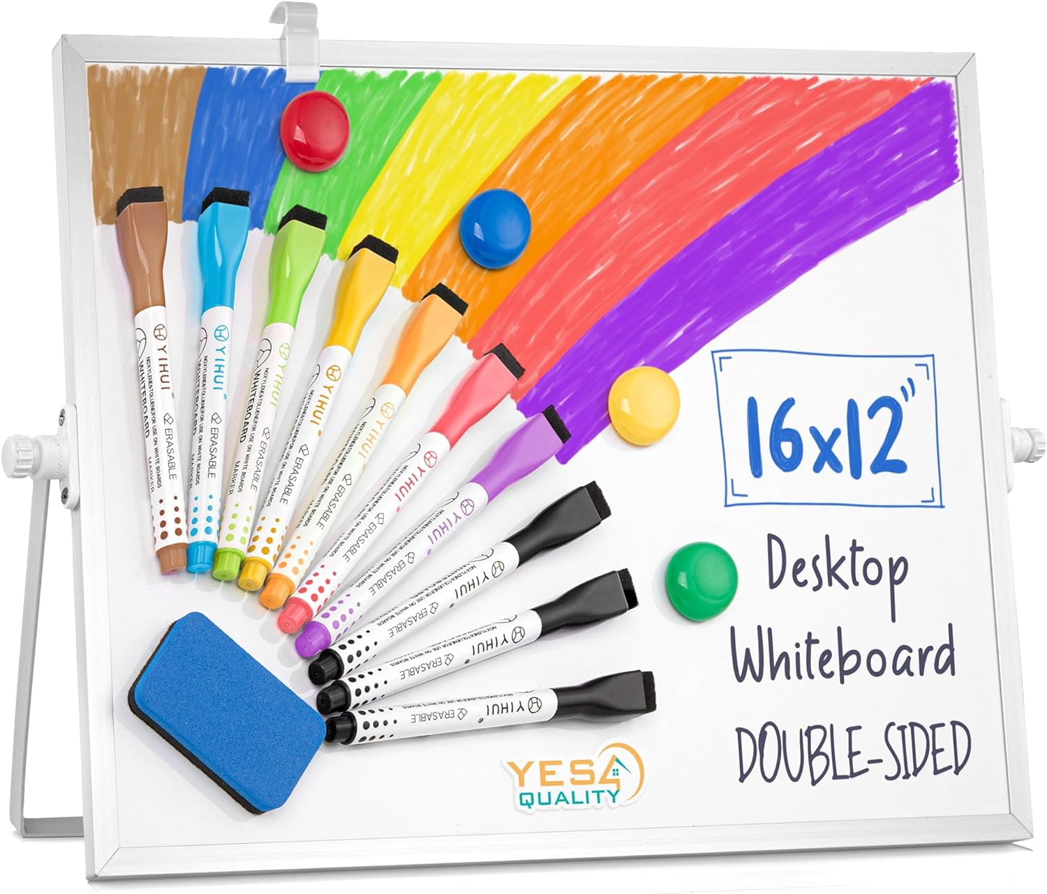 SURJDE Dry Erase Magnetic Whiteboard (40 x 30 cm) w/Non-Slip Stand, Portable Desktop White Board w/ 10 Markers, 4 Magnets & 1 Eraser, Double-Sided Writing for Students & Office Use by Yes4Qu