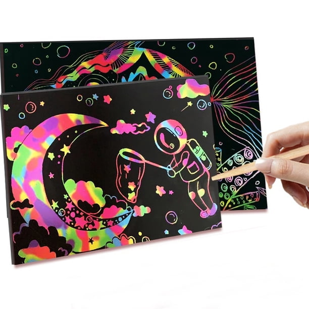 Kit Papier à Gratter Arc-en-ciel Phosphorescent – 4 Planches 21x29,5 Cm, Activité Créative Anti-Stress