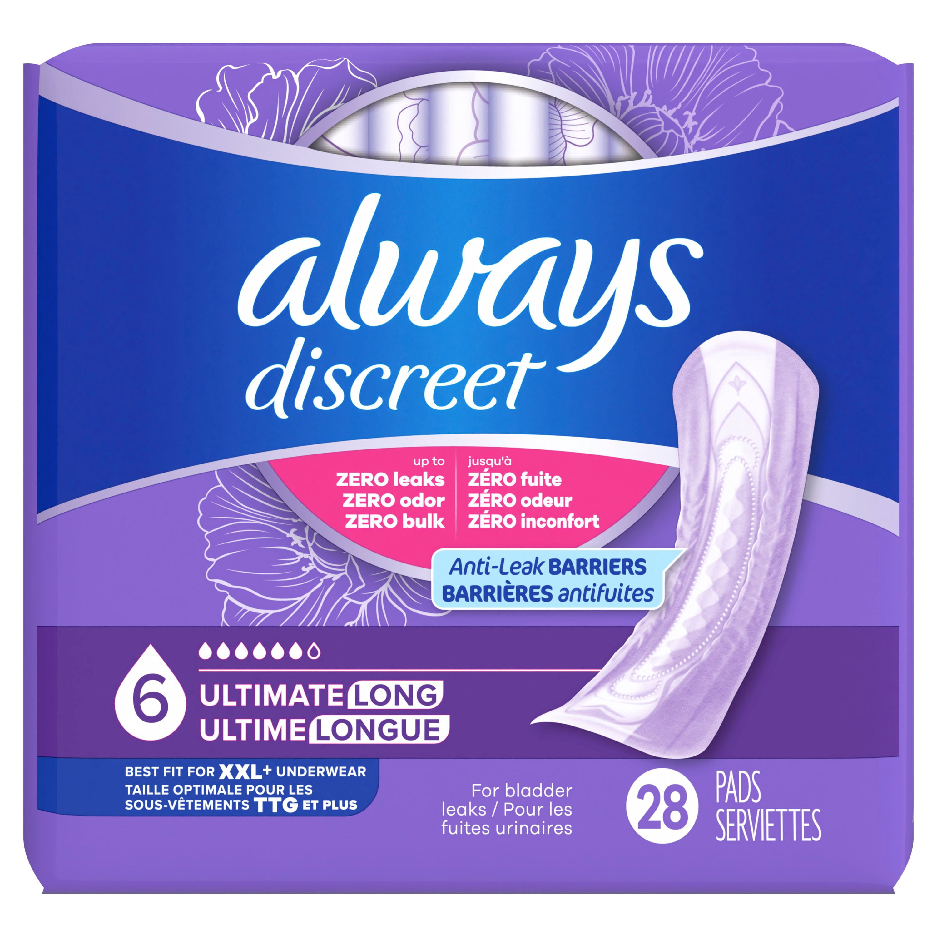 Always Discreet Adult Incontinence Pads for Women, Ultimate Absorbency, Long Length, Postpartum Pads, 28 Count