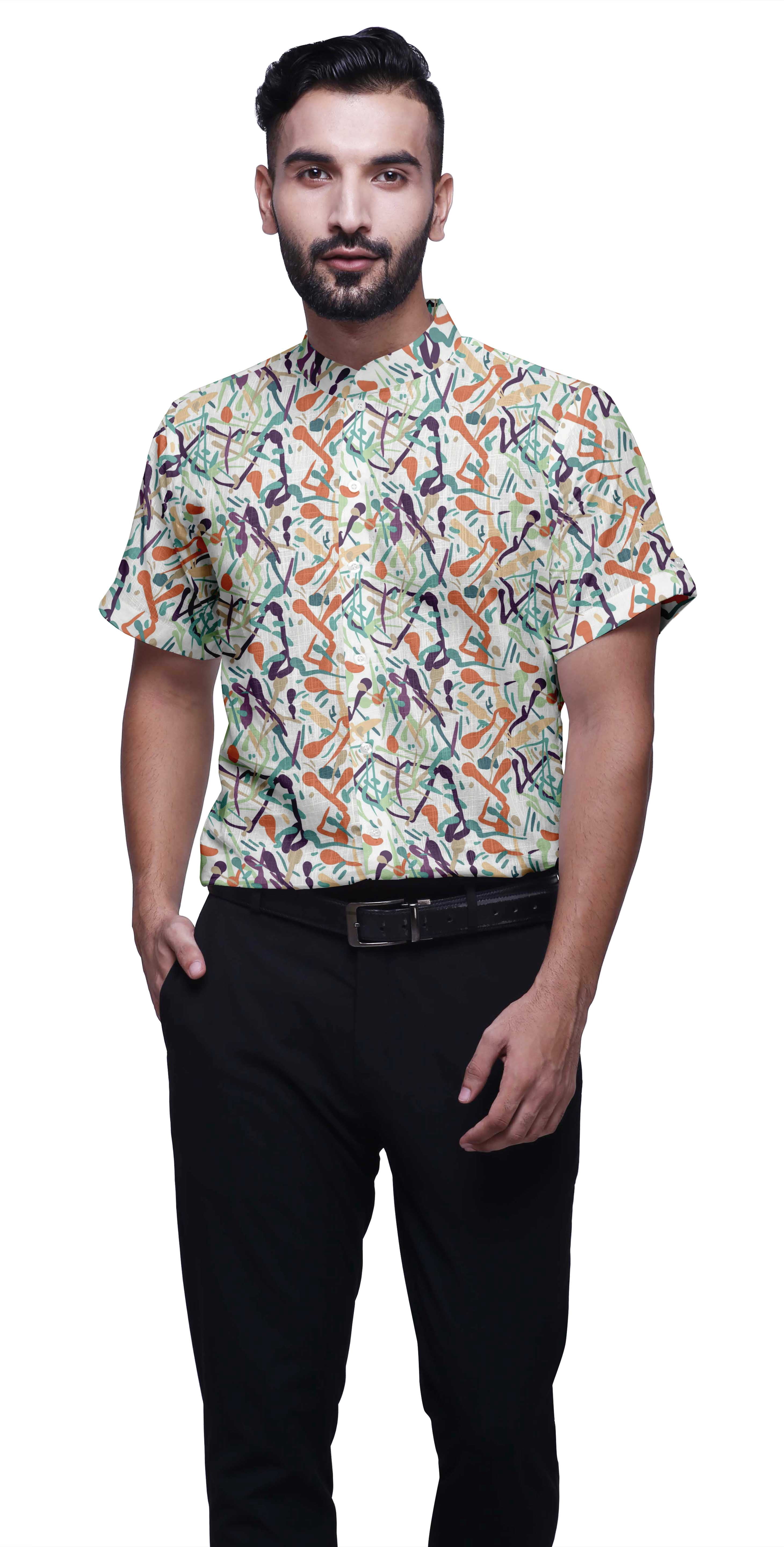 BESTMAN Short Sleeve Mandarin Collar Shirts For Men Cotton Button Down Shirt
