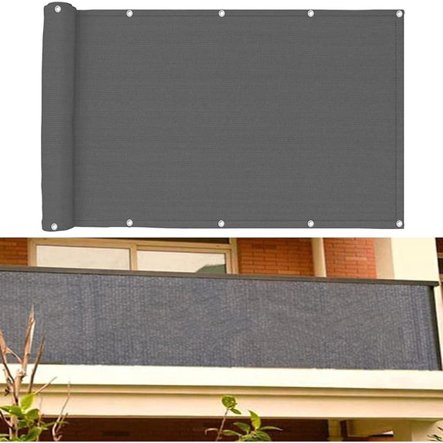 HAHADAXA Balcony Privacy Screen Cover Sunshade Weatherproof UV Protection Fence Mesh Windscreen made of 200g/m² HDPE material in a grey finish. The screen measures 500cm x 90cm and features reinforced grommets for easy installation with included 1.4m ropes and 16 cable ties. It blocks up to 85% UV radiation, providing privacy and shade for balconies, patios, gardens, and other outdoor spaces. Shown installed on a balcony railing in a residential setting.