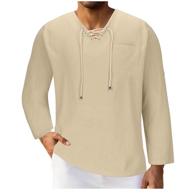 RXIRUCGD Men's Fashion Fallow Drawstring Solid Color Pockets Long Sleeve V-Neck Tops, Beige, Size: M