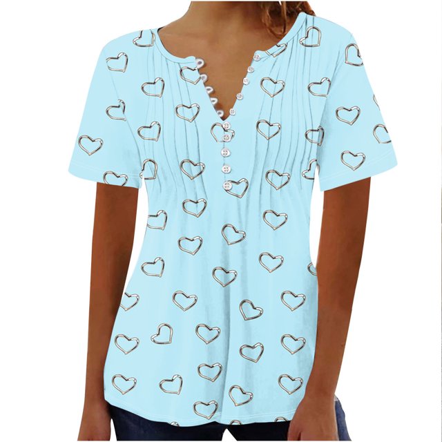Blouses for Women Womens Printed V-neck Button Up Short Seeved Top