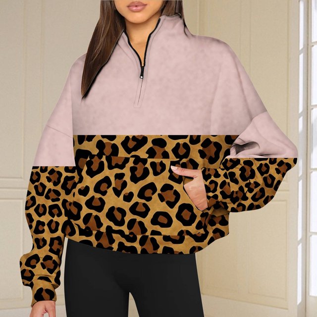 2023 Chandail à Capuchon Surdimensionné pour Femmes Mode Automne Hiver Imprimé Léopard Décontracté Sport Col Rond Survêtements Manches Longues Revers Fermeture Éclair Chandails à Capuchon Costumes d'Halloween/Noël Rabais de 50 % Liquidation