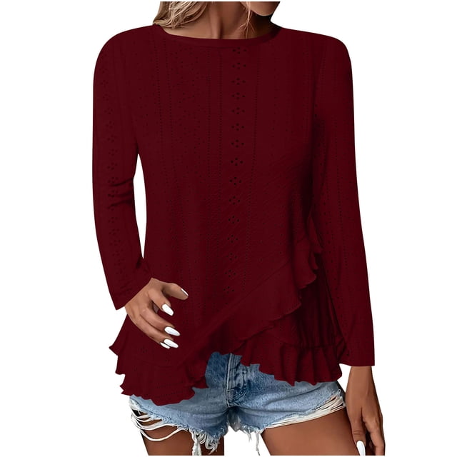Plebaso Women's Long Sleeve Eyelet Tops Crew Neck Ruffle Blouses Dressy Irregular Hem Womens Spring Shirts