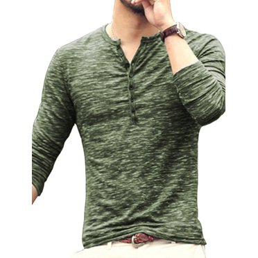 Haut pour Homme à Col Rond avec Boutons, Blouse à Manches Longues Décontractée à Col Rond avec Boutons, T-Shirt Ajusté, Vert, M