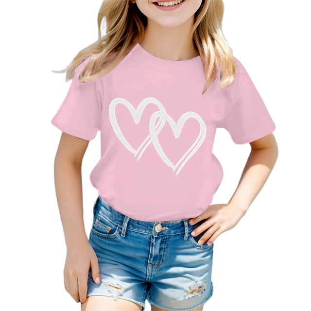 PMVFHDE t-shirt d'Été Mignon pour Filles à Imprimé Graphique, Col Rond, Manches Courtes, Rose, Conçu pour les Enfants de 7-8 Ans. Ce t-shirt Décontracté et Respirant Présente Deux Graphiques de Cœur Blanc à l'Avant, le Rendant Idéal pour les Jeux Extérieurs, l'École Ou les Activités d'Été.
