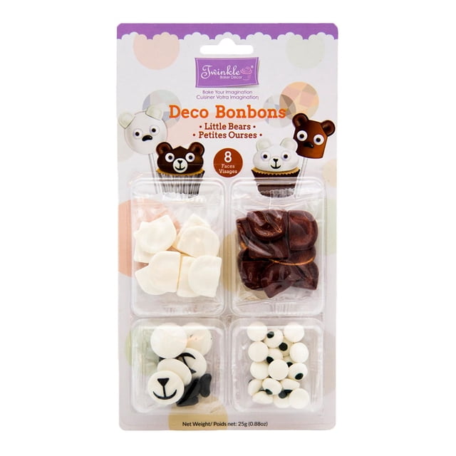 Twinkle Deco Kits Little Bears edible decorations featuring 8 white and brown chocolate bear face candy pieces including ears, snouts, and eyes, packaged in a clear plastic tray with a purple and beige branded backing card, ideal for decorating cakes, cupcakes, and cookies.
