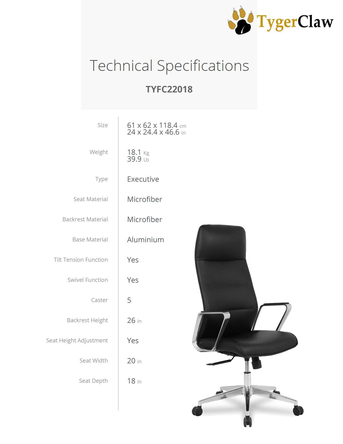 TygerClaw - Chaise de bureau en microfibre à dossier haut en PU