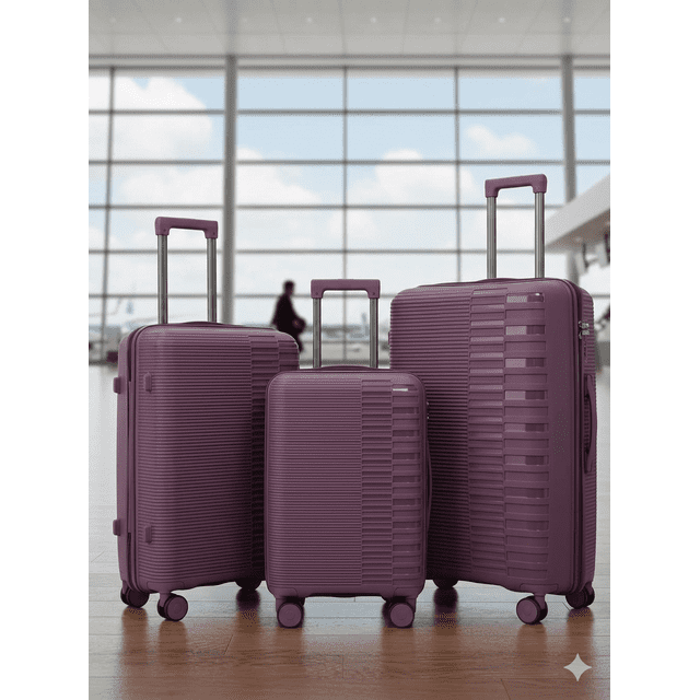 TRAVLR Ridge 3 Piece Purple Luggage Set: PP Impact Resistant Hardside Spinner Suitcase, Expandable Checked Bags, Embedded TSA Lock, Blastproof Zippers, 20in 24in 28in