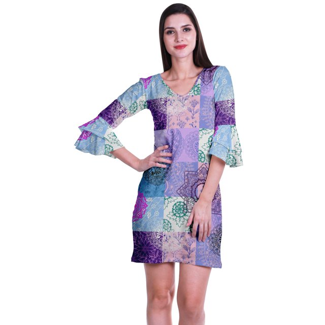 Moomaya Robe Courte Imprimée pour Femmes, Manches Évasées, Coupe Droite, Robes pour Femmes, Vêtements d'Été Décontractés