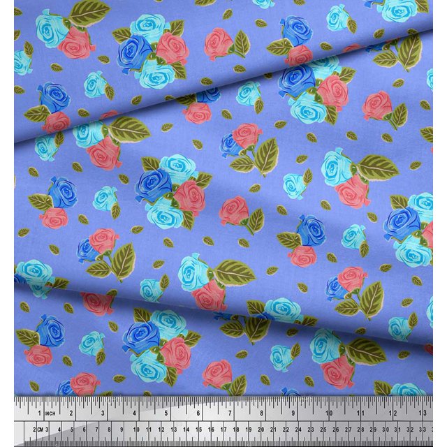 Soimoi Tissu en Coton Cambric Feuilles & Roses Décor Floral Tissu Imprimé au Mètre 42 Pouces de Large