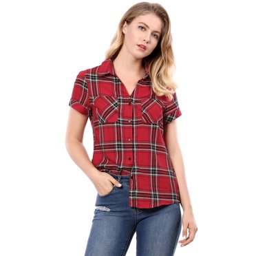 INSPIRE CHIC Chemise à Carreaux pour Femme en Coton Style Boyfriend à Boutons devant à Manches Courtes
