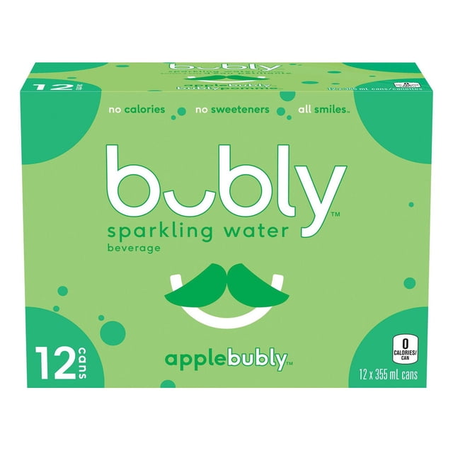 Bubly Apple Sparkling Water 12 x 355 ml cans pack in light green box featuring the Bubly logo and natural apple flavor, offering zero-calorie, no-sweetener sparkling water suitable for refreshing hydration and social sharing.