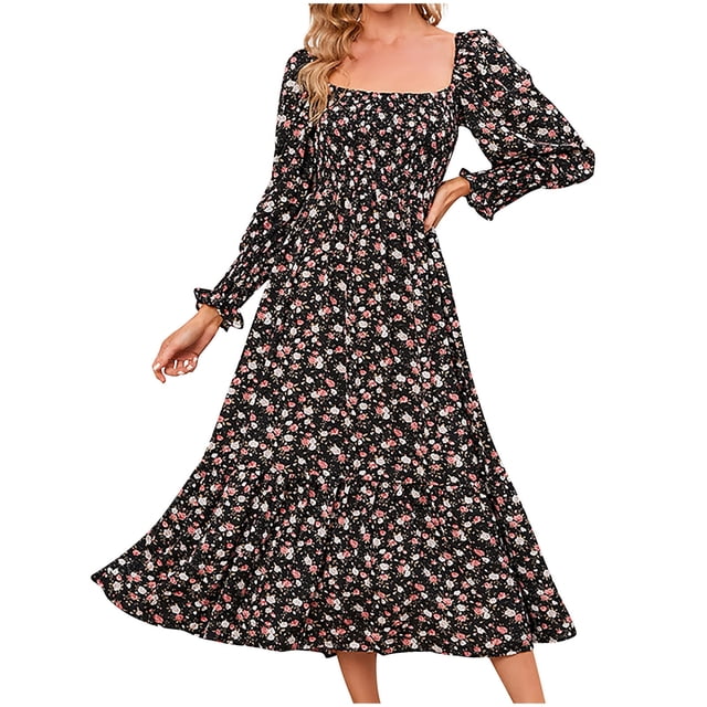 RKSTN Robe Maxi à Manches Longues pour Femmes avec Encolure Carrée et Imprimé floral Bohème. la Robe Est Noire avec un Motif floral vibrant, des Manches Longues avec Poignets Élastiques et une silhouette Trapèze Fluide. Fabriquée en Mousseline Légère et polyester, Elle Est Respirante et Confortable pour les occasions Décontractées Ou Formelles. Convient à l'Automne et Polyvalente pour des Événements comme les Fêtes, les Rendez-Vous Ou le Port Quotidien.