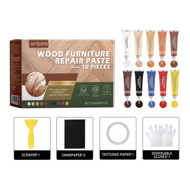 Kit de Pâte de Réparation pour Meubles en Bois 10 Pcs 200 g Remplisseur de Bois pour Égratignures Fissures Trous Kit de Réparation en Bois Bricolage avec Couteau à Pâte Gants en Papier de Verre pour la Restauration de Meubles à la Maison