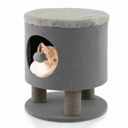Costway 3-IN-1 Cat Condo Stool Kitty Bed with Scratching Posts & Plush Ball Toy Grey