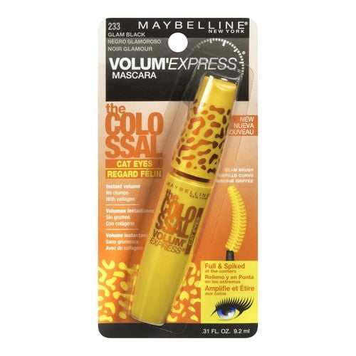 Maybelline New York Volum' Express The Colossal Cat Eyes Waterproof Mascara in Glam Black, 9.2 ml, featuring a yellow tube with orange leopard print and a claw brush that volumizes and spikes lashes at the corners for a wide-eyed cat eye look.