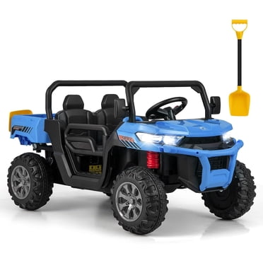 OLAKIDS Kids Ride On UTV, 12V Electric Vehicle Dump Truck with Remote Control, Dump Bed and Extra Shovel, Toddlers Battery Powered Car with 2 Speeds, Music, USB, AUX (Blue)