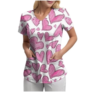 felwors Scrub Tops Women Short Sleeve Size Stretch V-Neck Printed Scrubs Top Medical Nursing Uniforms with Pockets Pink XL