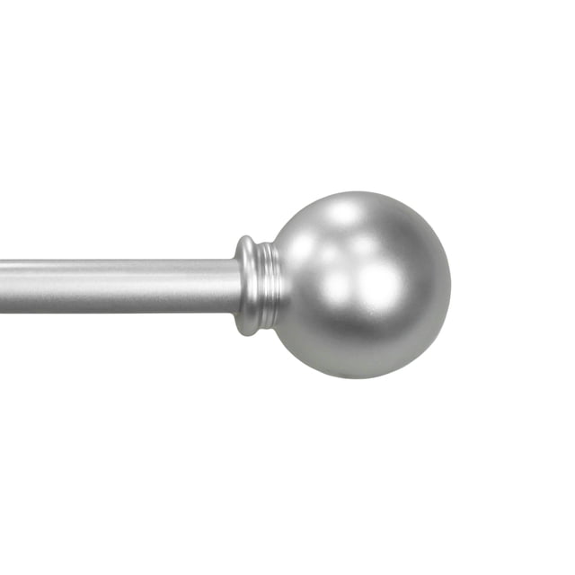 Mainstays 1/2” nickel ball adjustable curtain rod, 48”-84”, close-up showing the smooth nickel finish and spherical ball finial on the metal rod, ideal for lightweight curtains and sheers with included mounting hardware.