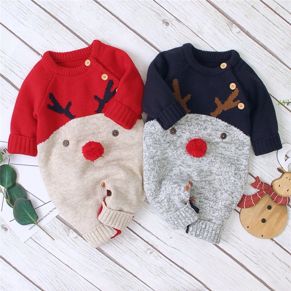 Combinaison Tricotée pour Nouveau-Née Fille d'Hiver de Noël, Salopette Chandail Chaude d'Automne en Laine, Vêtements de Noël
