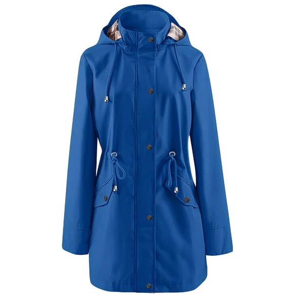 UPPADA Rain Jackets for Women Waterproof Long Sleeve Lightweight Plus Size Raincoat Buttons Zip up Ski-Wear Trench Coat Outdoor Sportswear Clothes Hooded Drawstring Windbreaker Blue XXXXXL