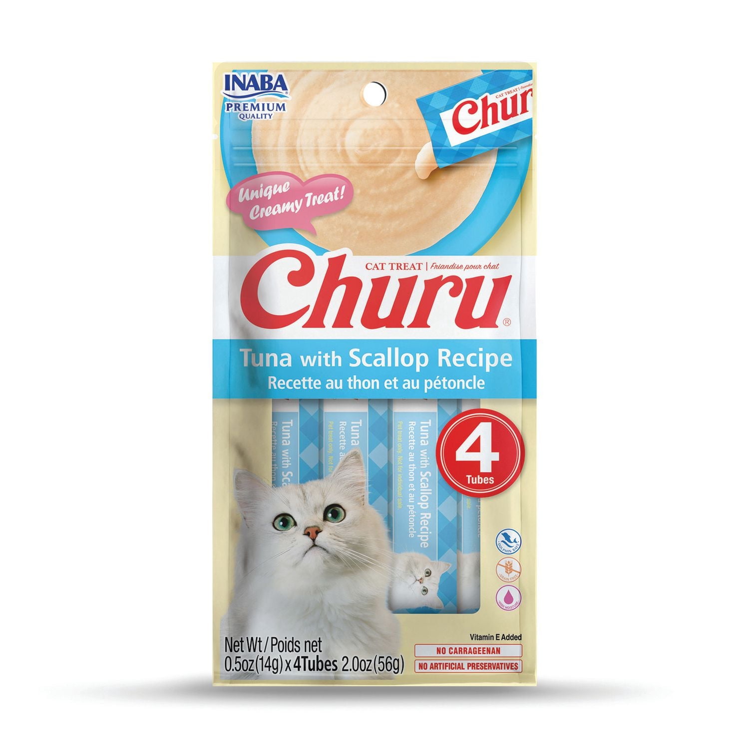 INABA Churu Gâteries pour Chats, Purée Crémeuse à Lécher Sans Grains avec Vitamine E - Recette au Thon et au Pétoncle, 4 tubes