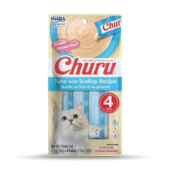 INABA Churu Cat Treats, Grain-Free Lickable Creamy Purée with Vitamin E - Tuna with Scallop Recipe, 4 tubes