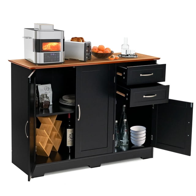 Giantex Buffet Bahut Noir avec Comptoir Vermillon, Comprenant Deux Armoires de Rangement, Deux Tiroirs et une Tablette Réglable à 3 Positions. le Buffet Est Présenté avec des Articles de Cuisine comme un Grille-Pain, des Bols, des Bouteilles et un Casier à Vin Rangés sur et à l'Intérieur de l'Unité. Idéal pour le Rangement de la Cuisine, l'Organisation de la Salle à Manger Ou comme Armoire de bar.