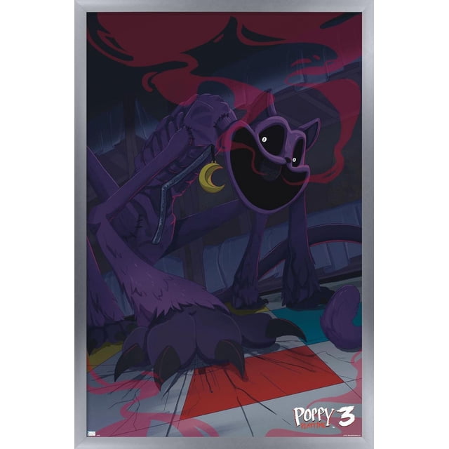 Poppy Playtime: Chapter 3 - CatNap Wall Poster, 22.375" x 34", glossy wall art featuring a dark purple skeletal cat with large claws, a wide hollow smile, red smoke, and a crescent moon earring, suitable for room decor and easy to hang without wall damage.