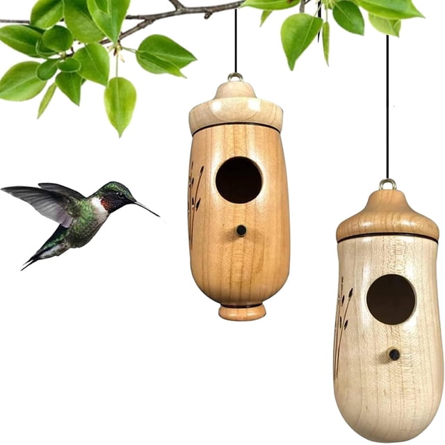 Ribili Wooden Hummingbird House, Fanyil Wooden Hummingbird House, Sparrow Hummingbird Finch House, Wooden Humming Bird Nest with Hemp Ropes (#Mix-B,2pcs)