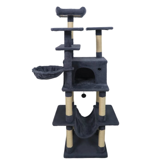 Gymax Arbre à Chat Grand de 63 Pieds' pour Chats d'Intérieur avec Perchoir Supérieur en Peluche, Condo, Hamac, Panier, Lit, Gris Foncé