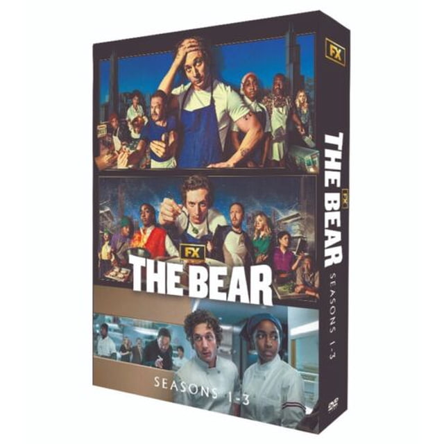 The Bear Saison 1-3 Ensemble de DVD, une Série de Comédie-Drame Psychologique Créée par Christopher Storer. la Couverture Présente des Scènes de la Série, Incluant le Personnel de restaurant et des moments Dramatiques. Cette collection de DVD Seulement en Anglais Capte des Thèmes de Traumatisme Familial, de Renaissance d'Affaires et de Croissance Personnelle sur Trois Saisons.