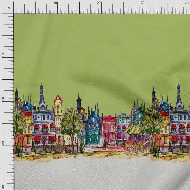 Soimoi Moss Georgette Fabric Buildings Panel Print Fabric by Yard 42 Inch Wide