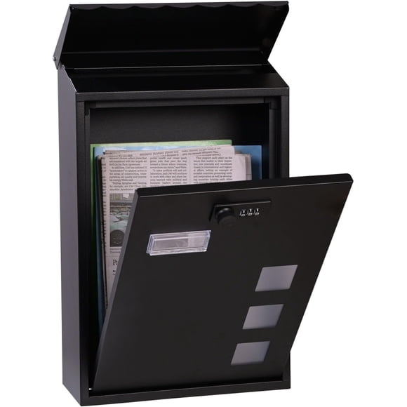 Post Boxes Wall Mounted with Combination Lock Mailbox Letterbox Outside | With Viewing Windows, Nameplate, Large Capacity Locking Mailbox Wall Mounted Mail Box Outdoor 40 x 25.5 x 11.5 cm Black