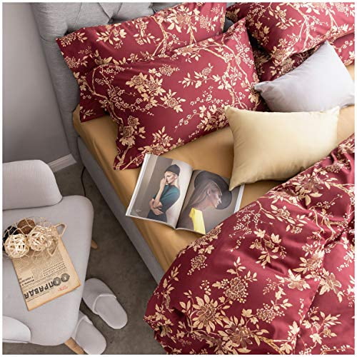 Eastern Floral Chinoiserie Blossom Print Duvet Quilt Cover Navy Blue Tan White Asian Style Botanical Tree Branches Ornamental Drawing 400TC Egyptian Cotton 3pc Bedding Set (Queen,