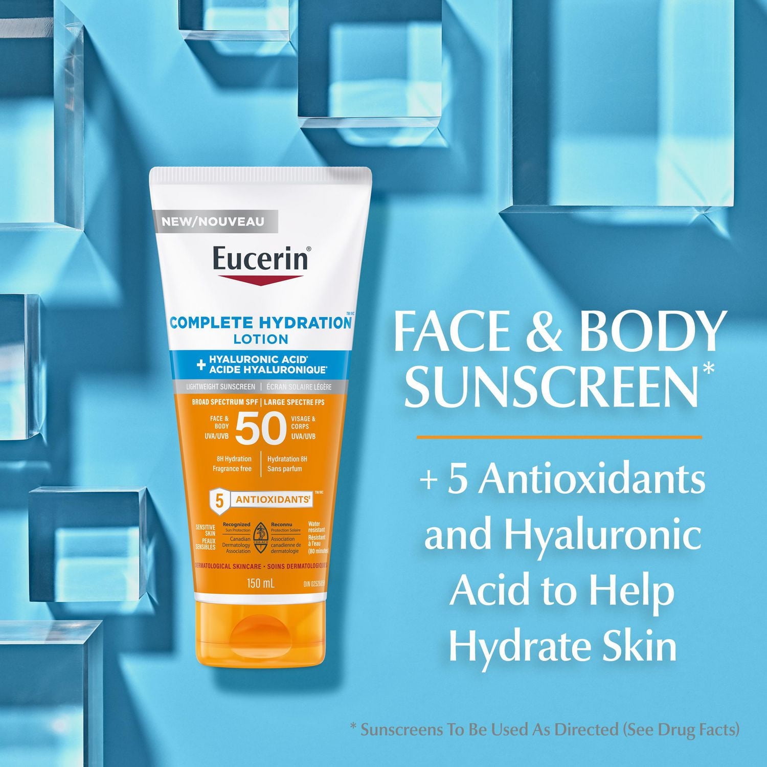 Écran Solaire pour corps et visage Eucerin Sun Hydratation complète avec FPS 50, 150 ml | Lotion solaire avec acide hyaluronique et 5 antioxydants