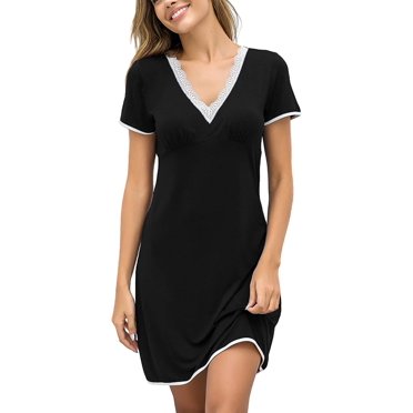 Night Shirts Women Nightgowns Sexy Sleep Shirts Lace Trim V Neck Short Sleeve Night Sleepwear Soft Nightshirt L-XXL