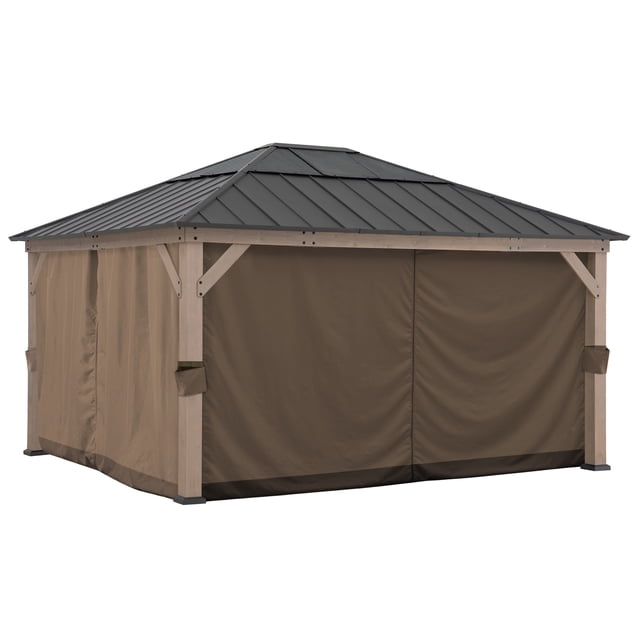 SUNJOY Replacement Curtains for 13 ft. × 15 ft. Wood-Framed Gazebos in brown, fully covering a wood-framed gazebo with a dark metal roof, made from durable, UV and water-resistant polyester fabric, providing outdoor privacy and protection, suitable for enhancing outdoor shade and comfort.