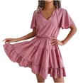 thumbnail image 2 of SMihono Robe d'Été Bohème pour Femmes Grande Taille Mode Robe d'Été Décontractée Slim en Forme de V Manches Courtes Couleur Unie, 2 of 8